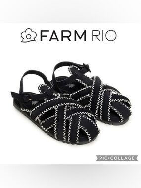 FARM Rio Black Sandals with White Zigzag Stitching